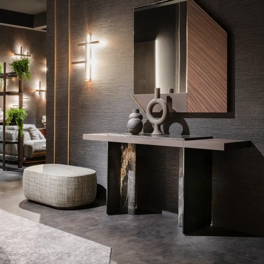 Distinguished Zanaboni Alma ottoman with neutral gray textile upholstery and gray-stained ash base offering balanced design