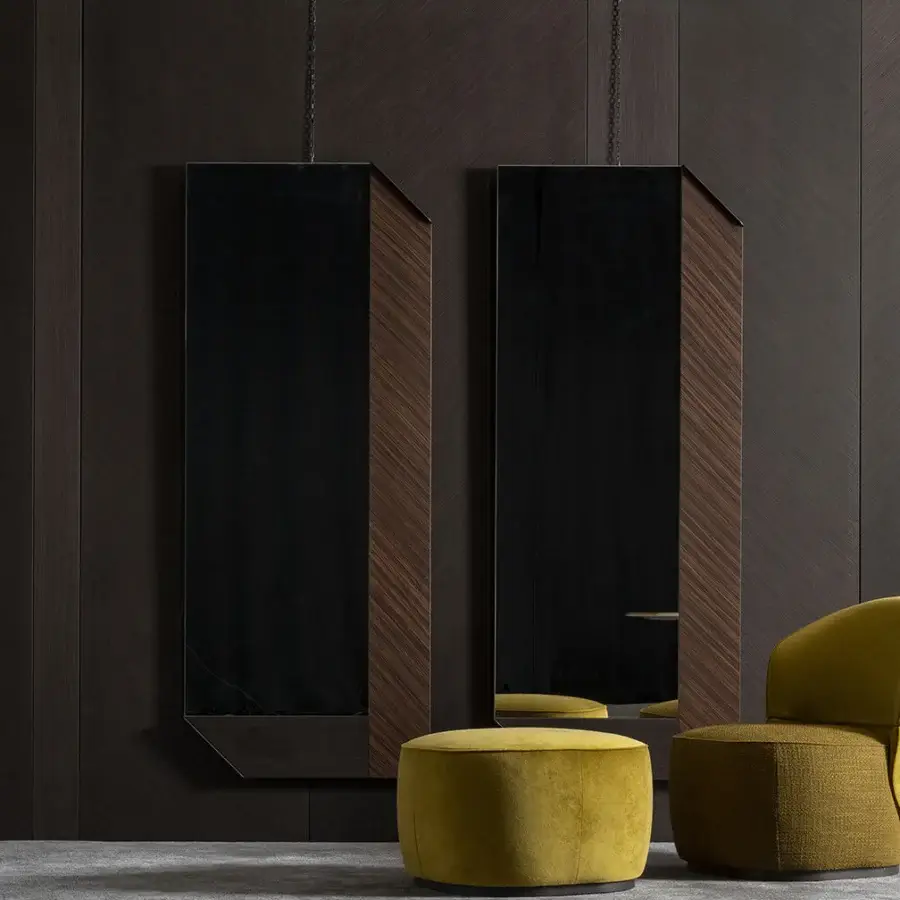 Superior Zanaboni Alma ottoman with plush golden yellow velvet upholstery and grey-stained ash base with matte finish
