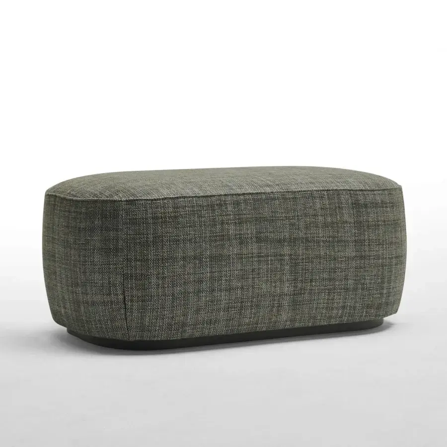 Distinguished Zanaboni Alma ottoman with textured olive green textile upholstery and grey-stained ash base crafted with a matte finish