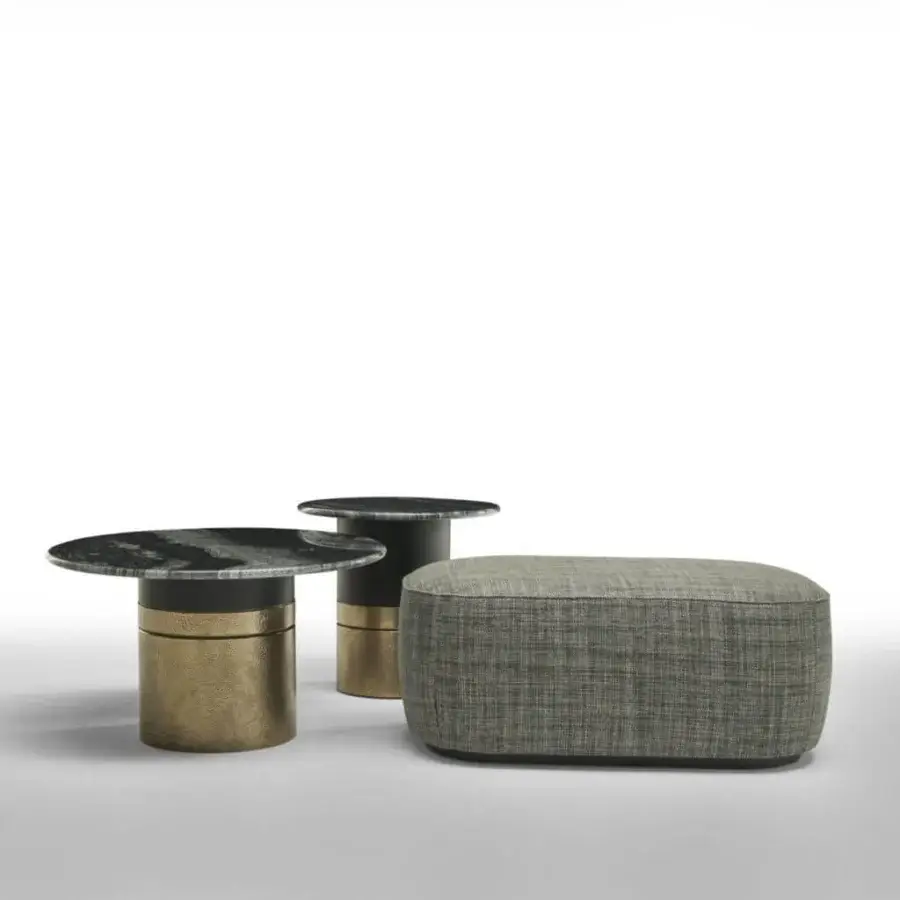 Exceptional Zanaboni Alma ottoman with muted gray-green textile upholstery and grey-stained ash base crafted with a matte finish