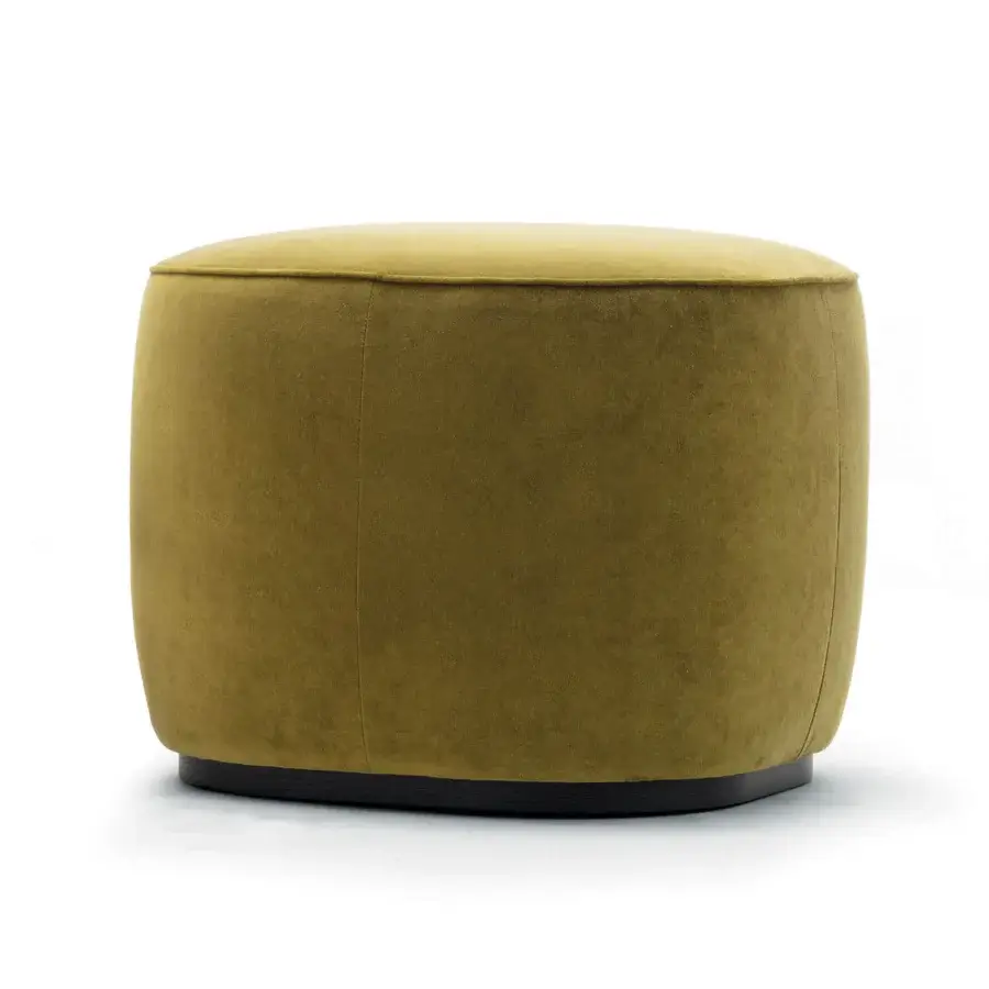 Lavish Zanaboni Alma ottoman with plush olive green velvet upholstery and grey-stained ash wood base