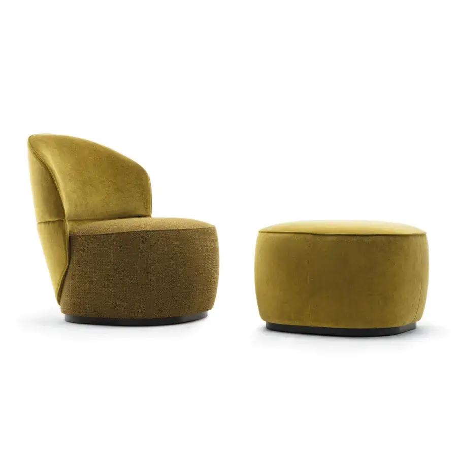 Superior Zanaboni Alma ottoman with textured olive-yellow textile upholstery and grey-stained ash base