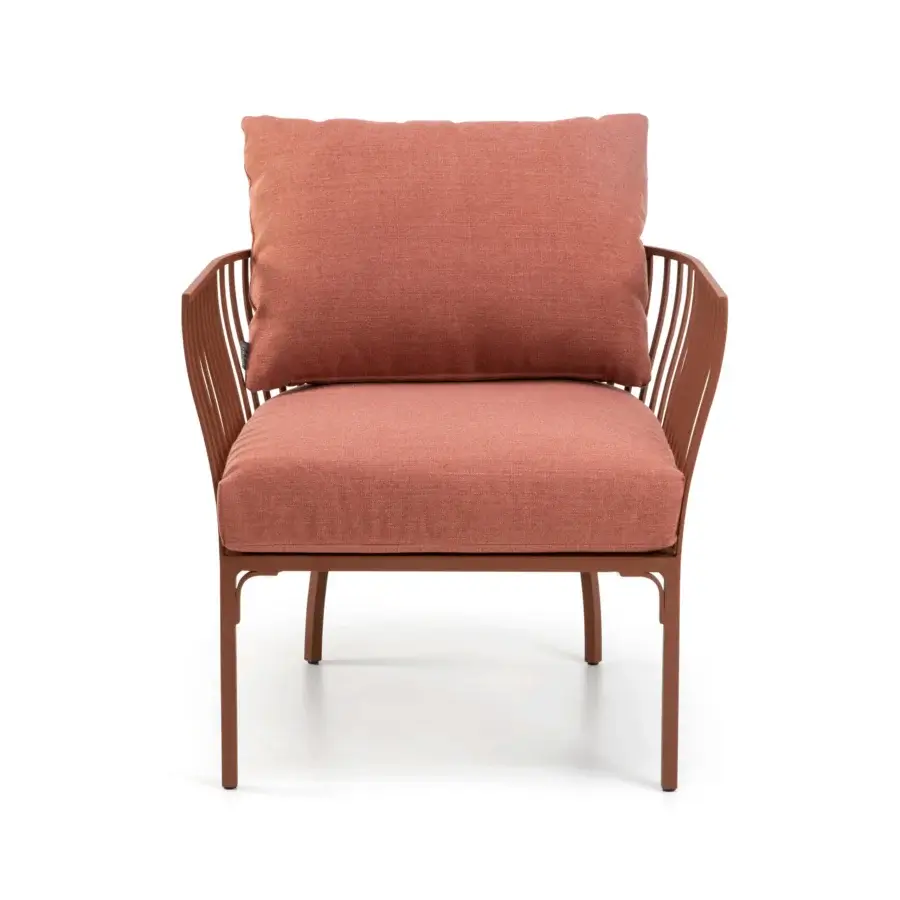 Exceptional Ethimo Venexia lounge chair crafted with terracotta matte aluminum slats and woven detailing for relaxed Italian style