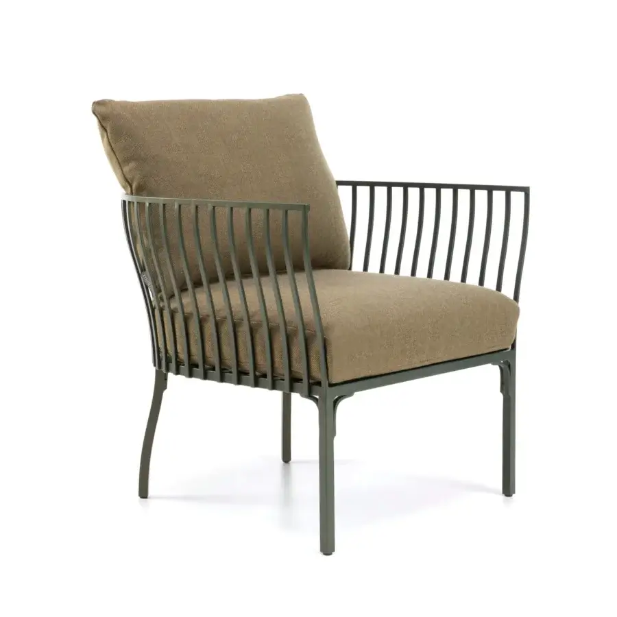 Exceptional Ethimo Venexia lounge chair crafted with muted olive-green aluminum slats and warm earthy brown textile upholstery