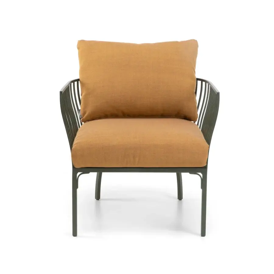Sophisticated Ethimo Venexia lounge chair with woven details, muted olive-green aluminum and warm golden-yellow accents