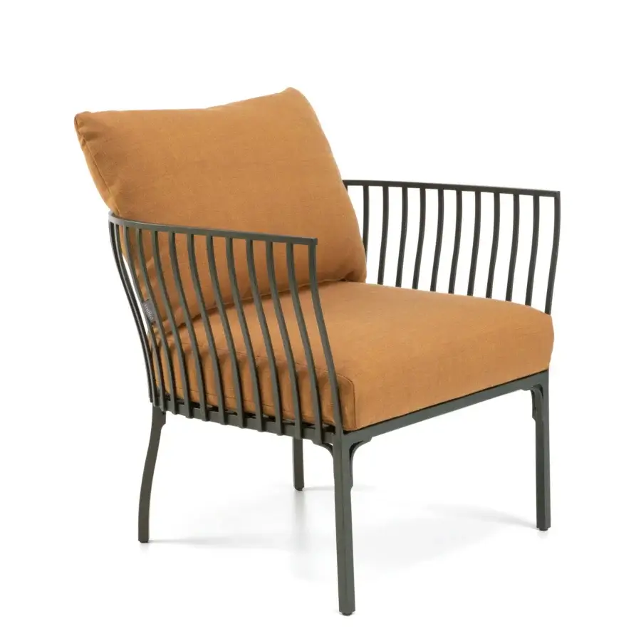Elegant Ethimo Venexia lounge chair crafted with dark grey-green aluminum slats and warm golden-brown textured textile upholstery