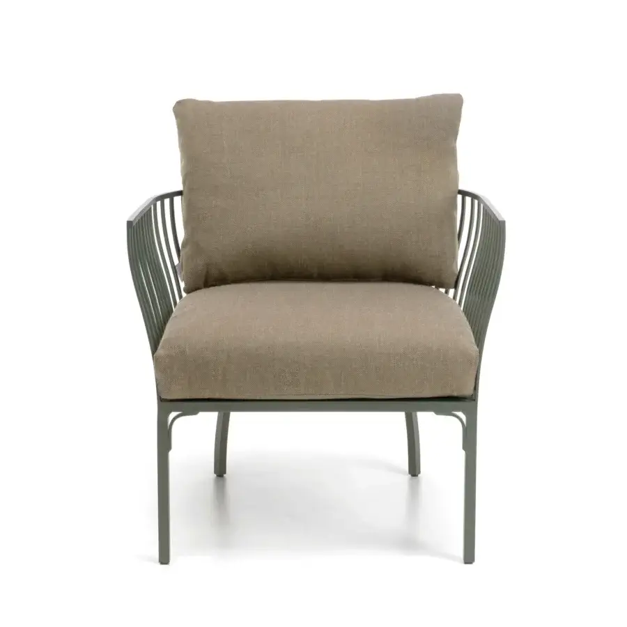 Distinguished Ethimo Venexia lounge chair with dark grey-green aluminum slats and neutral beige textured weave cushions