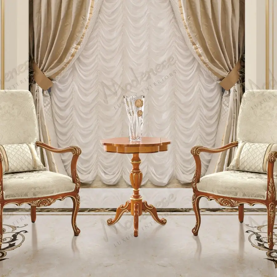 Superior Modenese Royal Blend Walnut lounge chair with ivory fabric upholstery and gold detailing