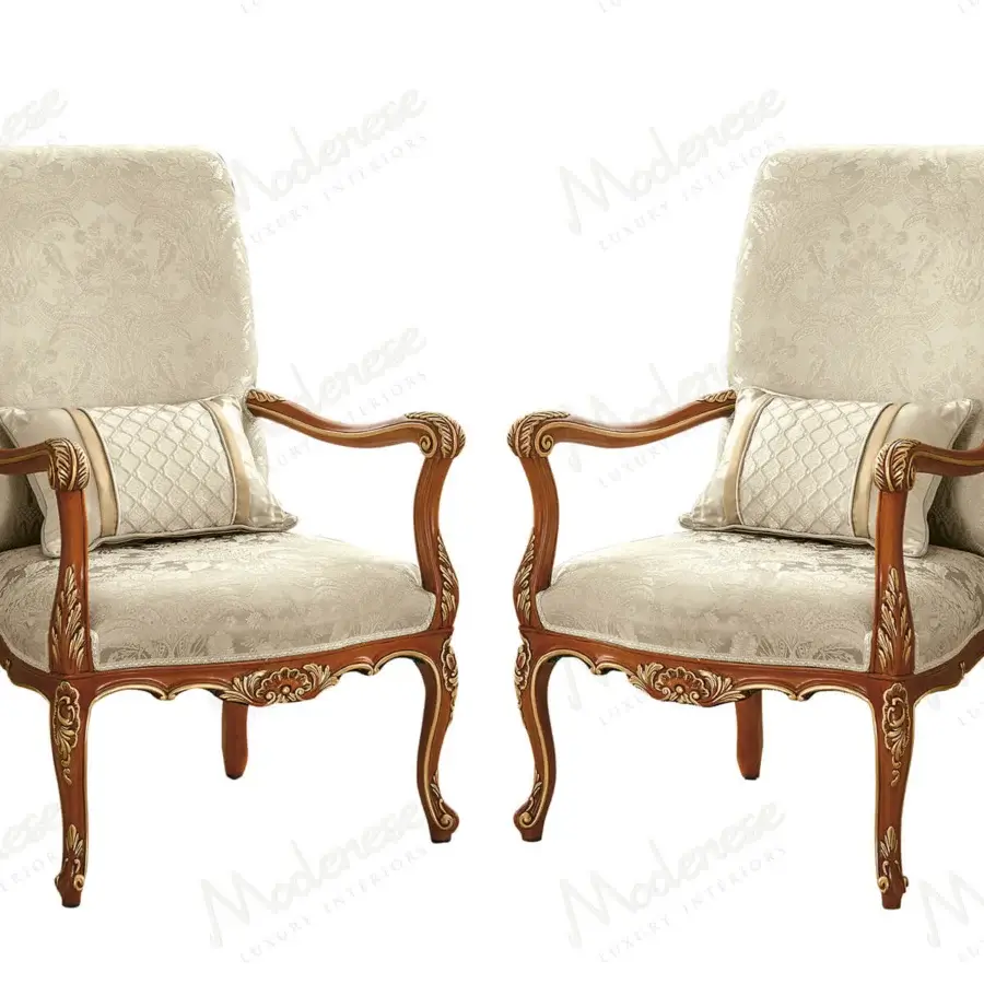 Exquisite Modenese Royal Blend Walnut lounge chair with ivory damask fabric upholstery and gold detailing crafted in Italy