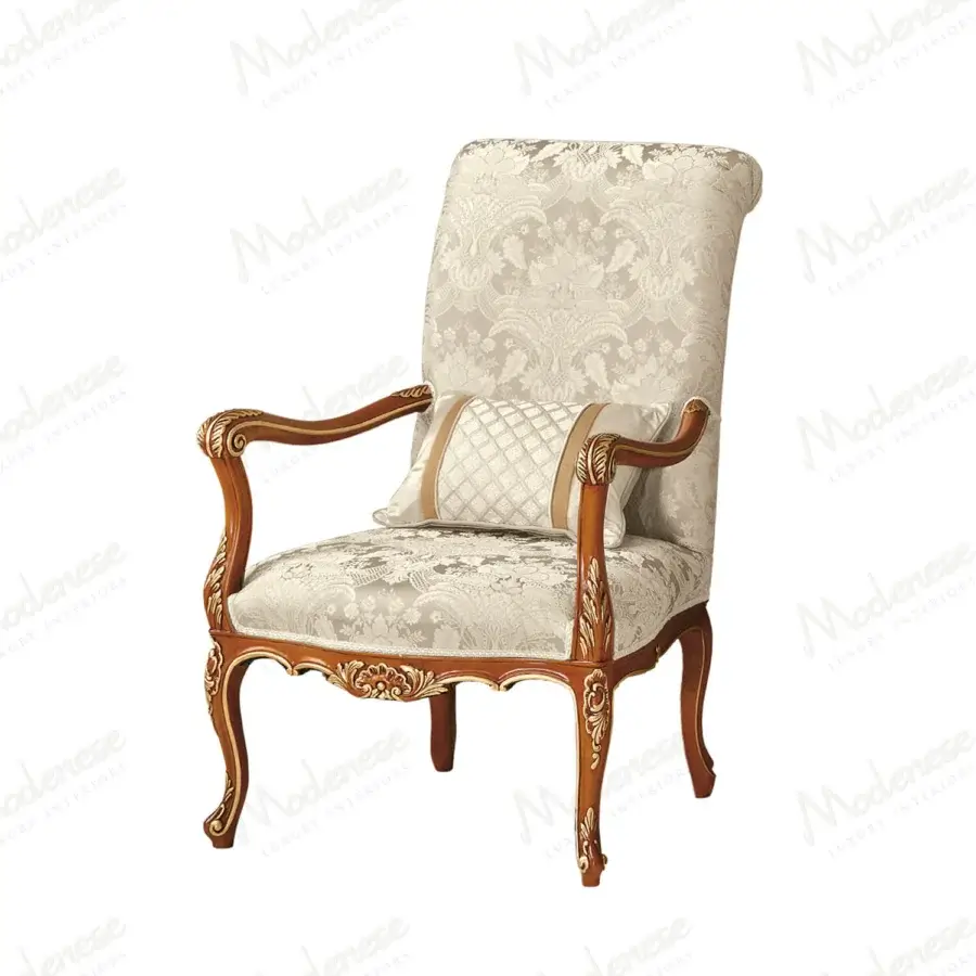 Distinguished Modenese Royal Blend Walnut lounge chair with ivory floral fabric upholstery and gold detailing
