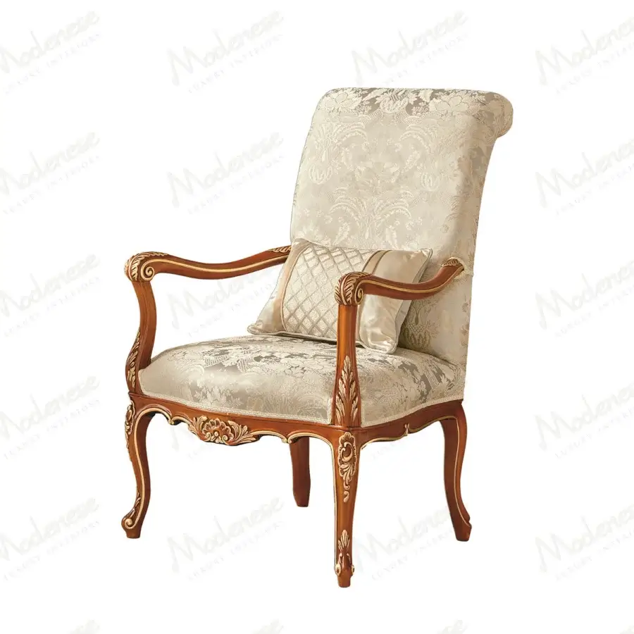 Lavish Modenese Royal Blend Walnut lounge chair with ivory patterned fabric upholstery and gold detailing crafted with a glossy sheen