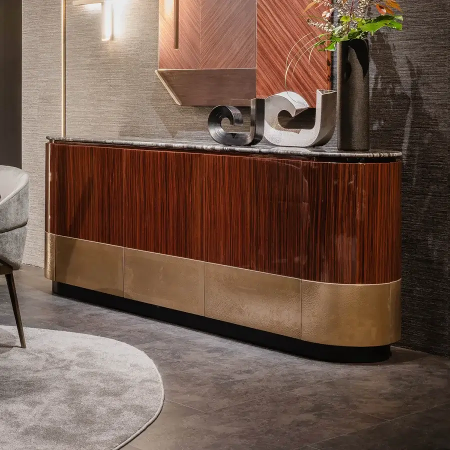 Distinguished Zanaboni Alma Decor sideboard with glossy striped rosewood and antique bronze metal grainy finish topped in marble
