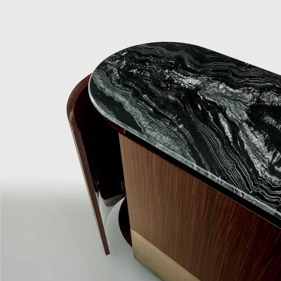 Exceptional Zanaboni Alma Decor sideboard crafted with glossy striped rosewood, antique bronze metal, and marble with black veining