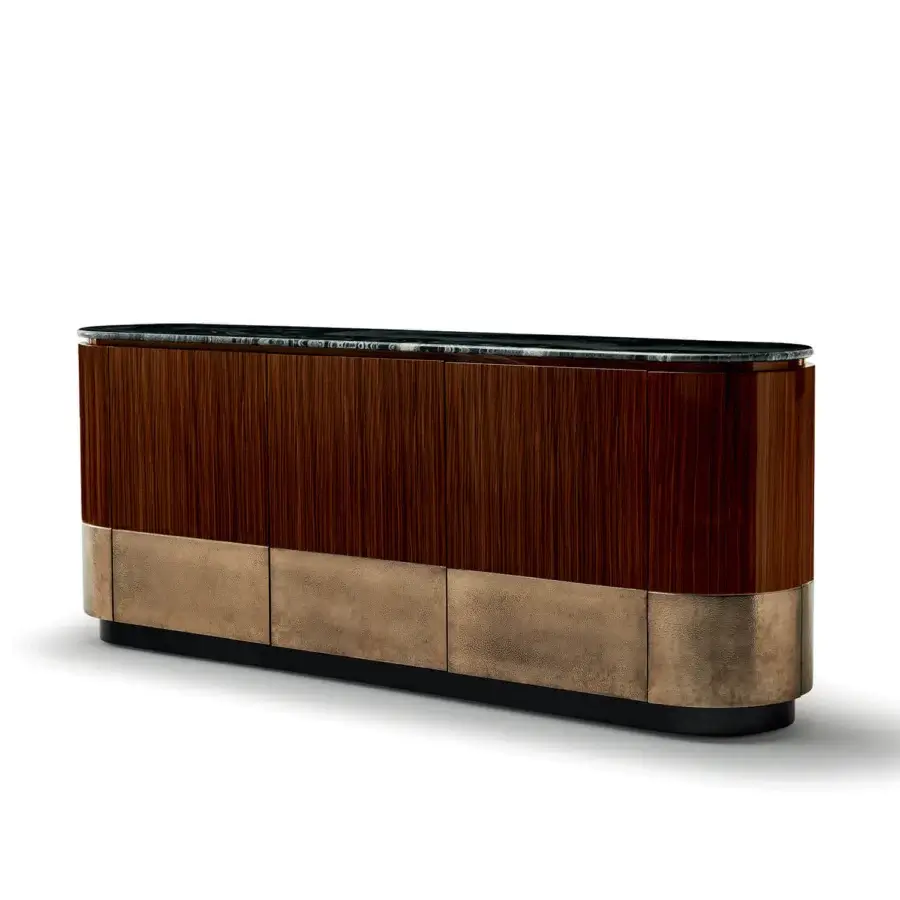 Distinguished Zanaboni Alma Decor sideboard crafted with glossy striped rosewood, a marble top, and antique bronze metal grainy finish