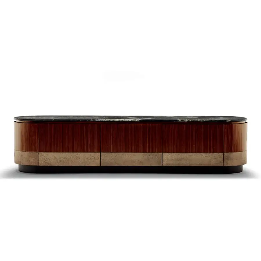 Exceptional Zanaboni Alma Decor TV stand crafted with glossy striped rosewood and dark gray marble, finished in antique bronze