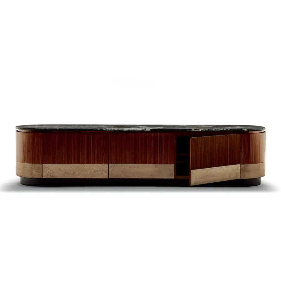Superior Zanaboni Alma Decor TV stand crafted with glossy striped rosewood, marble top and antique bronze grainy finish