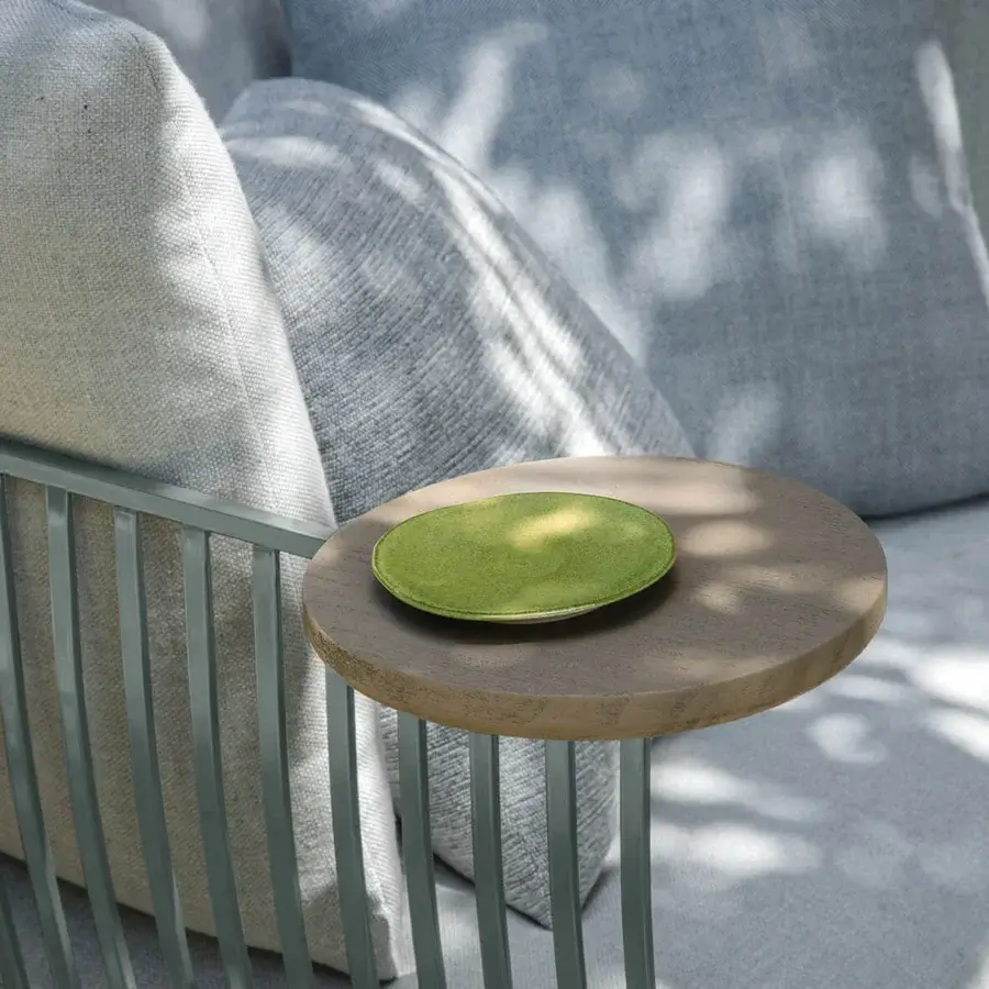 Distinguished Ethimo Venexia lounge chair with matte grey-green aluminum slats and light grey textile upholstery crafted with a satin-finish wood side table