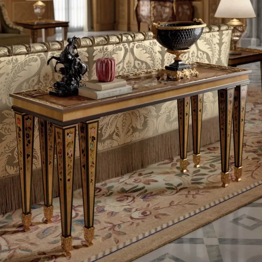 Distinguished Armando Rho A1433 console crafted in walnut and oak wood with multicolor mother-of-pearl inlays and gilded details, showcasing satin and glossy finish