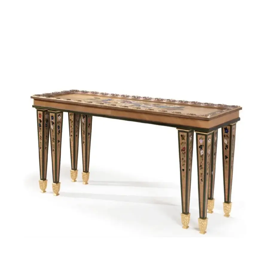 Lavish Armando Rho A1433 console built in walnut and oak wood with dark green surface and multicolor mother-of-pearl inlays