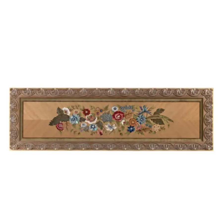 Distinguished Armando Rho A1433 console crafted in walnut and oak wood with multicolor mother-of-pearl inlays and muted gold finish