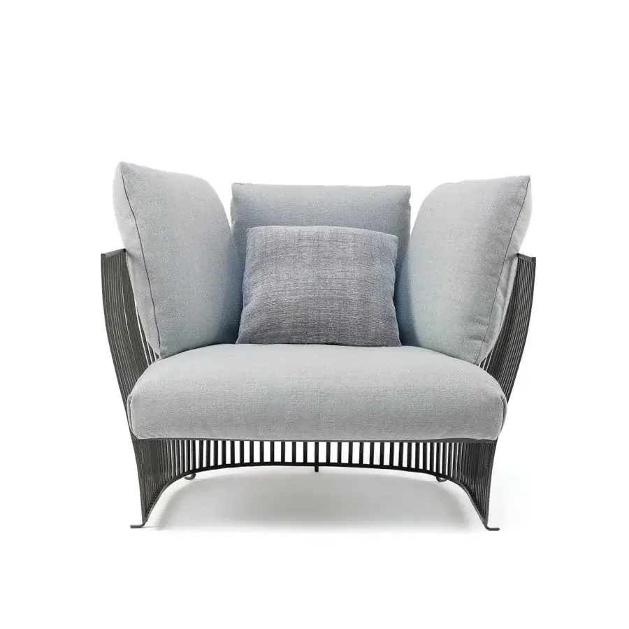 Superior Ethimo Venexia lounge chair with aluminum slats and a subtly textured light gray textile upholstery