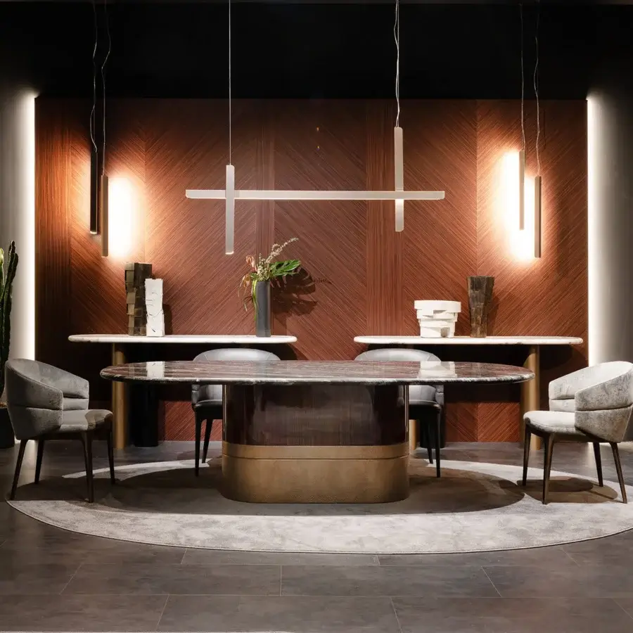 Exceptional Zanaboni Alma Decor table built in silver Paradiso marble with a glossy striped rosewood pedestal and antique bronze grainy finish