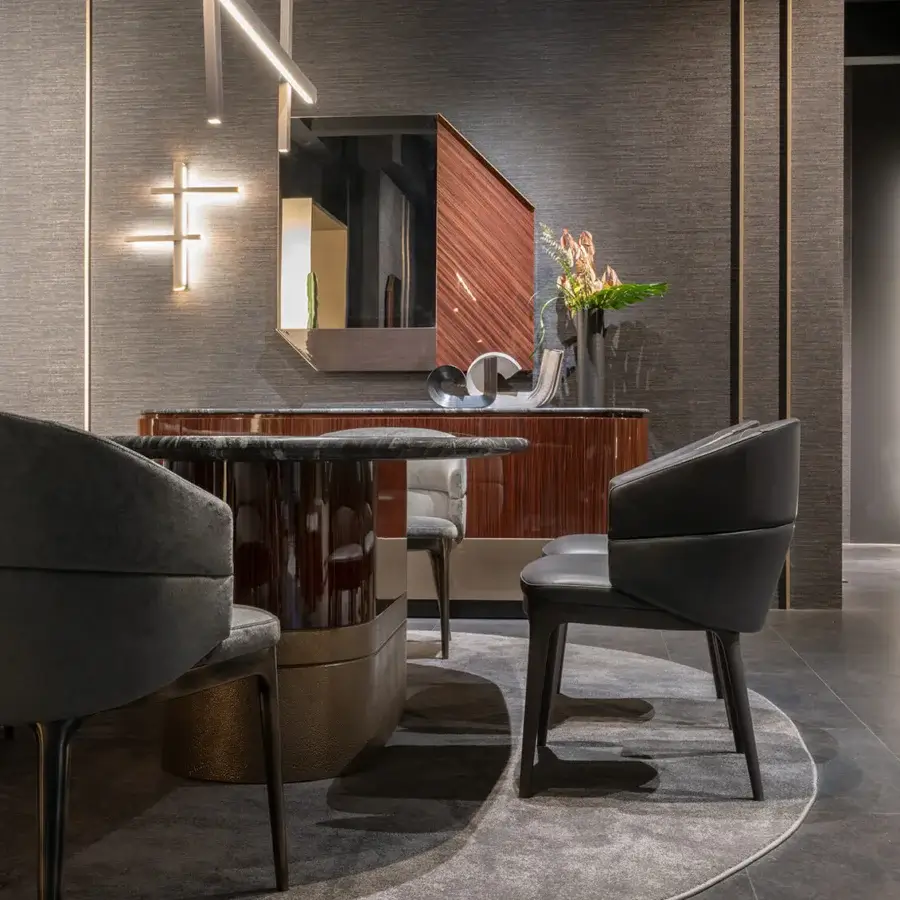 Superior Zanaboni Alma Decor table built in silver Paradiso marble with a glossy striped rosewood pedestal and antique bronze grainy finish metal base