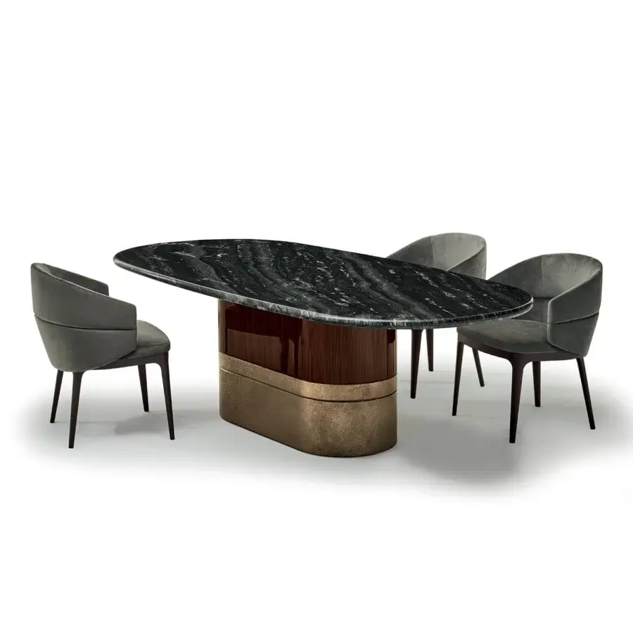 Distinguished Zanaboni Alma Decor table built in silver Paradiso marble with a glossy striped rosewood pedestal and antique bronze grainy finish metal base