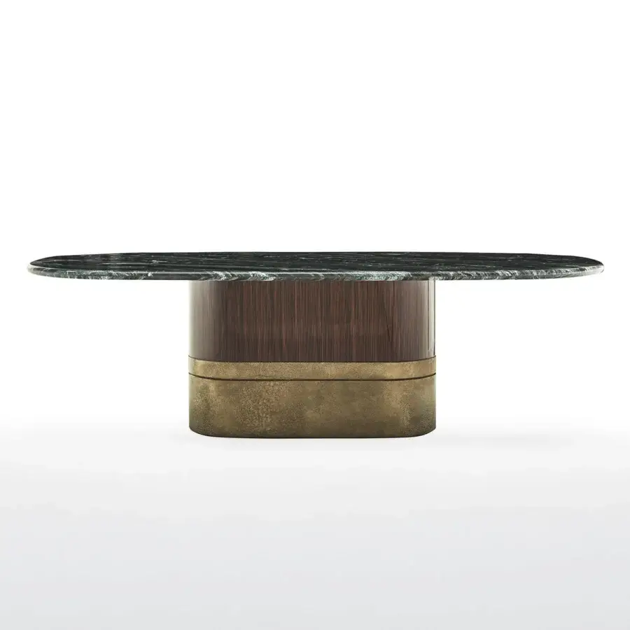 Lavish Zanaboni Alma Decor table built in silver Paradiso marble with striped rosewood and antique bronze grainy metal base