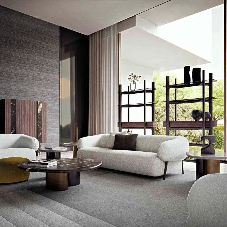 Sophisticated Zanaboni Carol sofa with textured woven fabric and dark-toned wood base accented with polished metal details