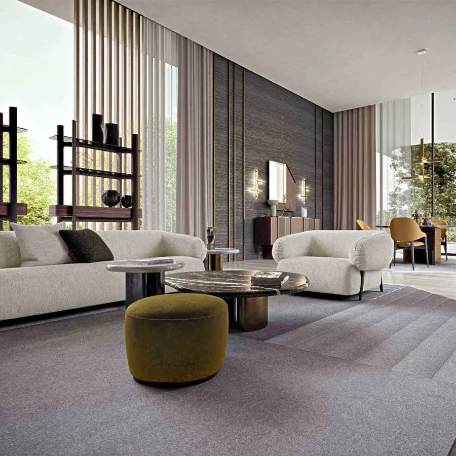 Exceptional Zanaboni Carol sofa with textured woven textile and matte finish in light beige, paired with an olive-green ottoman and dark-topped table