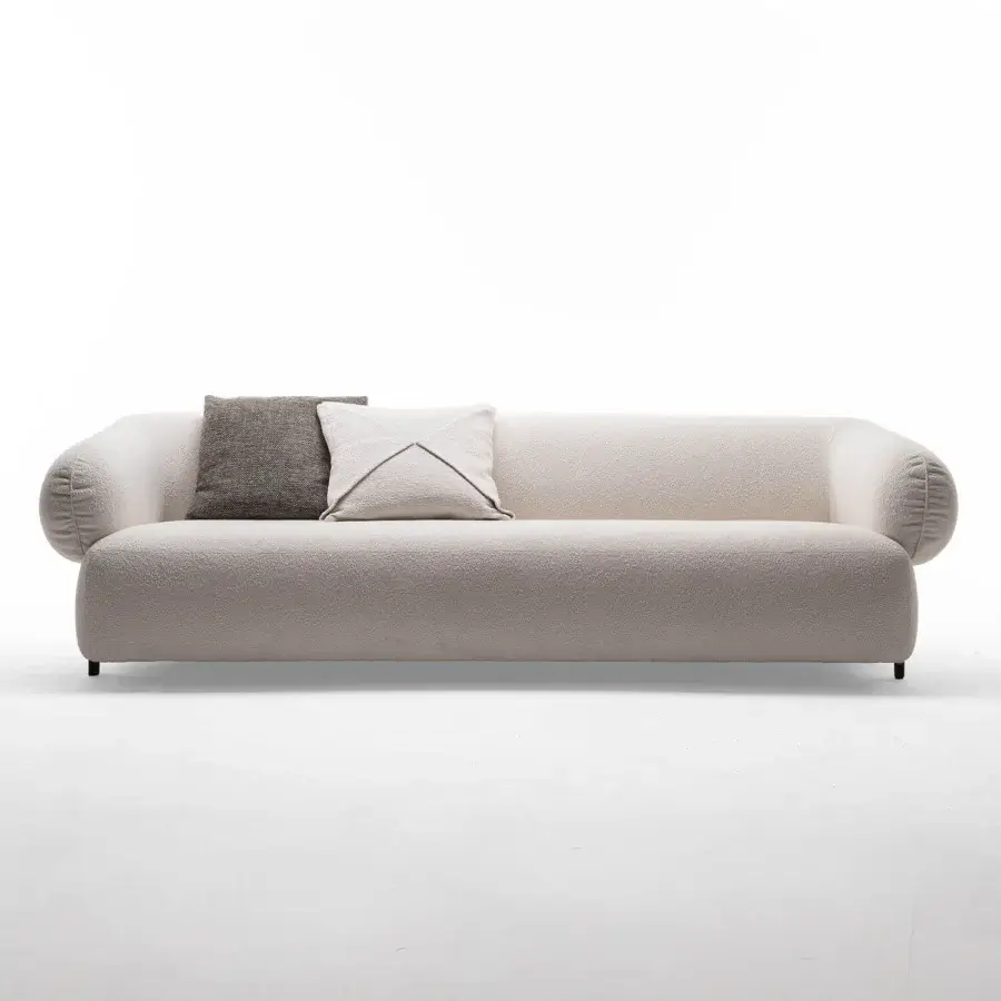 Exceptional Zanaboni Carol sofa with organic form upholstered in textured light beige textile with matte finish
