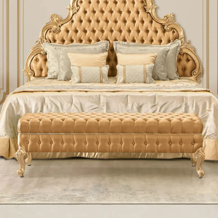 Exceptional Modenese Royal Blend bench with champagne satin upholstery and glossy hardwood frame