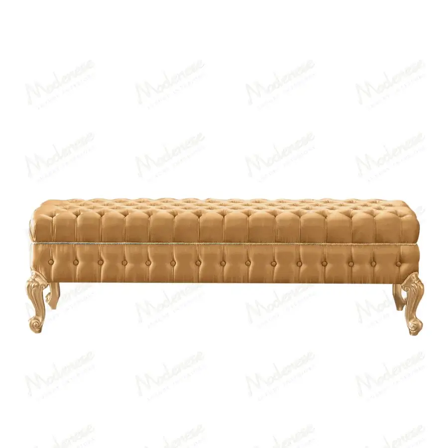Distinguished Modenese Royal Blend bench with champagne satin upholstery and golden-hued wood legs crafted with meticulous capitonné detailing