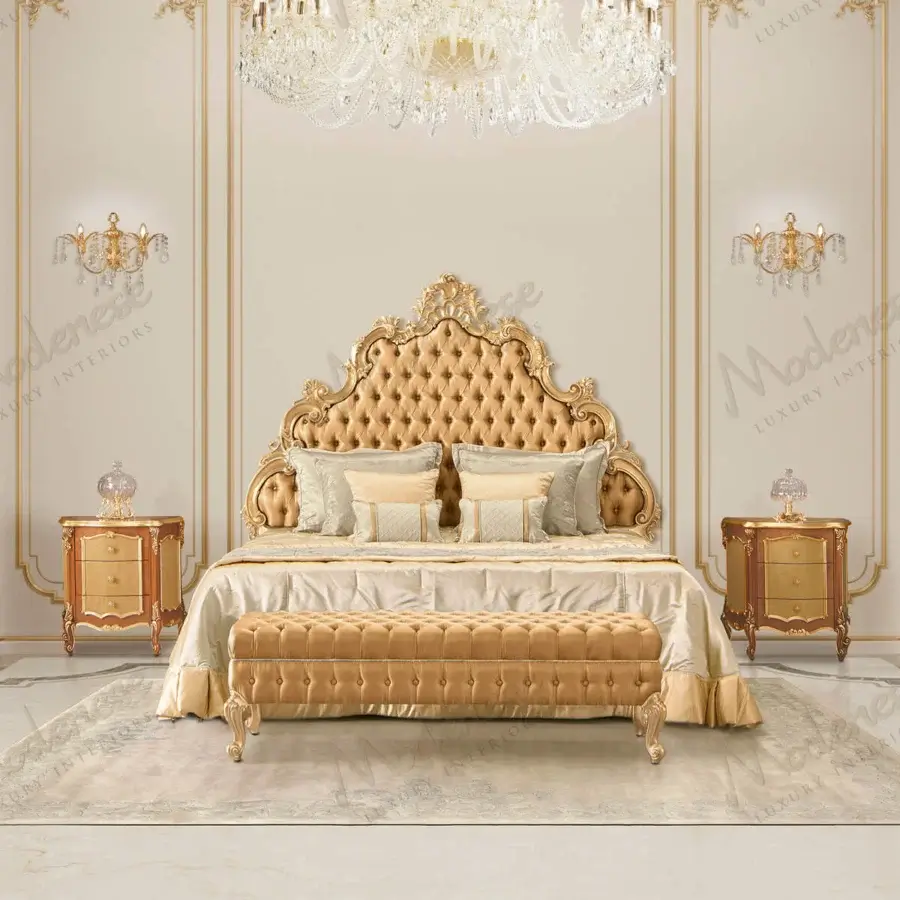 Lavish Modenese Royal Blend bench with champagne satin upholstery, capitonné detailing and gilded carved wood frame