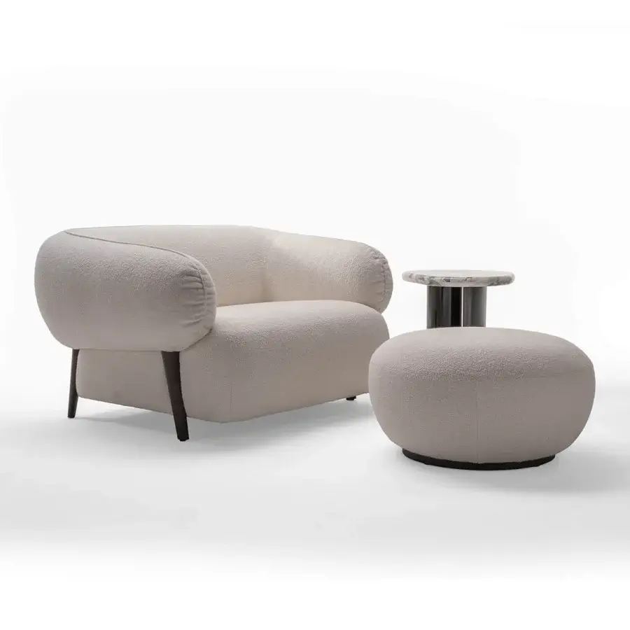 Distinguished Zanaboni Carol lounge chair with looped textile upholstery and innovative roller backrest in neutral beige fabric