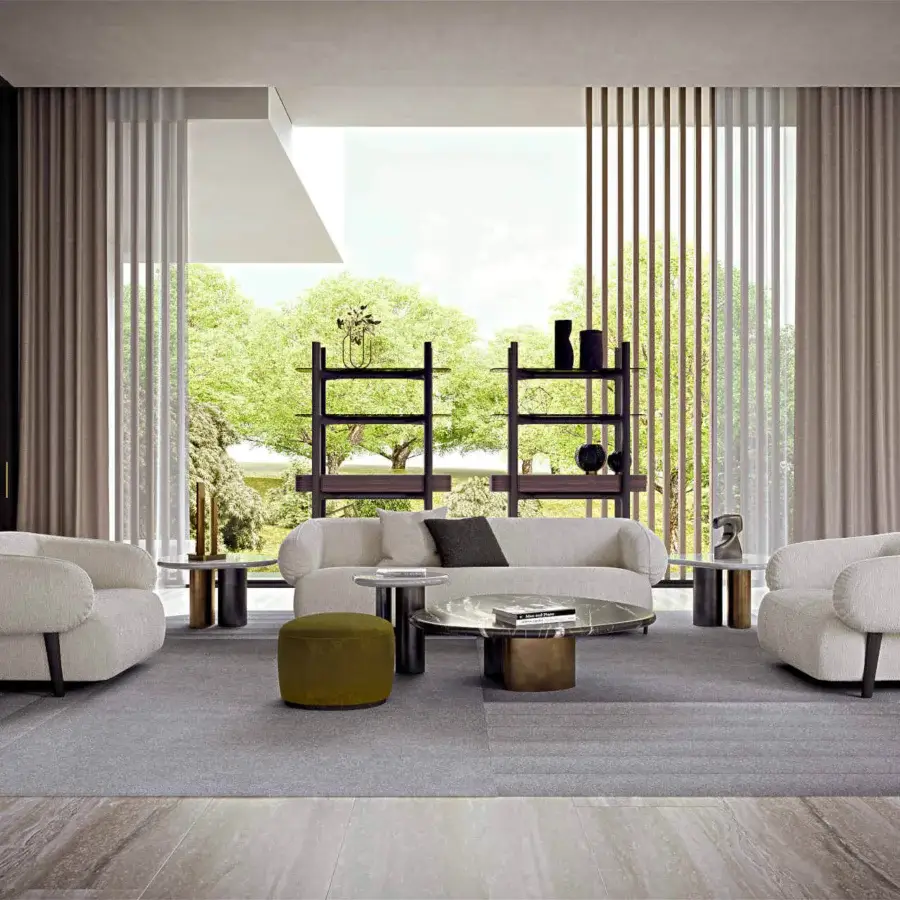 Distinguished Zanaboni Carol lounge chair built with soft textured beige textile and sturdy wood structure