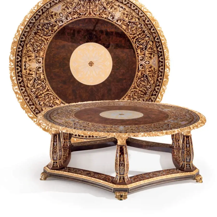 Distinguished Armando Rho A1438 coffee table crafted in walnut California burl and eco turtle shell with brass and mother-of-pearl accents and glossy finish