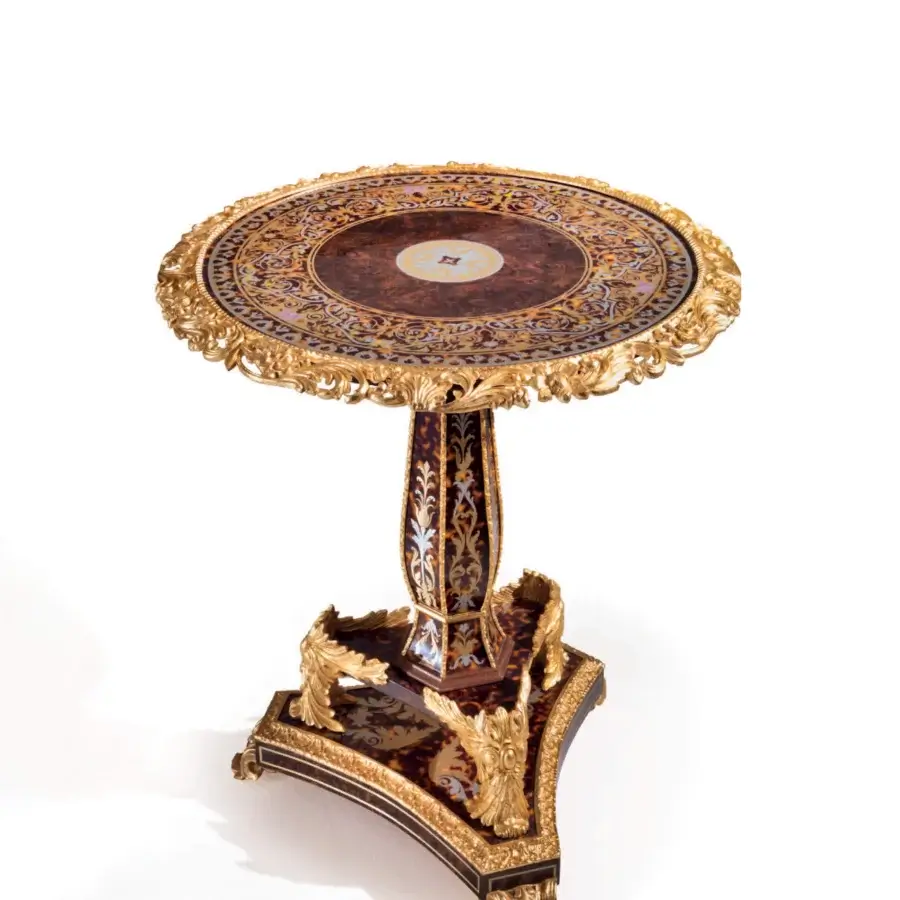 Superior Armando Rho A1439 side table crafted in walnut California burl and eco turtle shell with brass, aluminum, and mother-of-pearl inlays and glossy finish