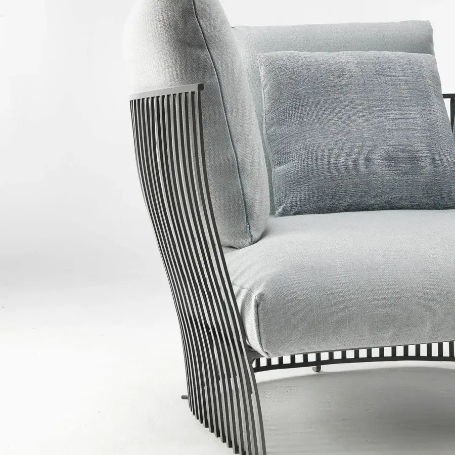Exceptional Ethimo Venexia sofa crafted in Italy with a muted gray aluminum frame and coordinating gray textile cushions