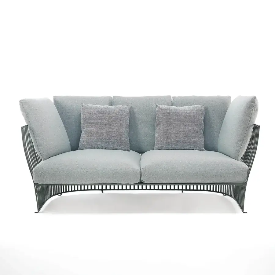 Distinguished Ethimo Venexia sofa with a lattice base crafted in aluminum and upholstered in pale grey-blue woven textile