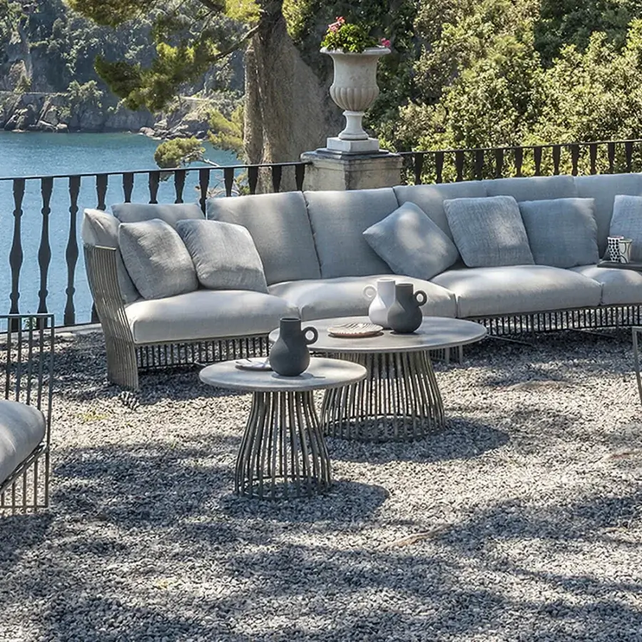 Distinguished Ethimo Venexia coffee table crafted with woven aluminum slats in a matte dark gray finish