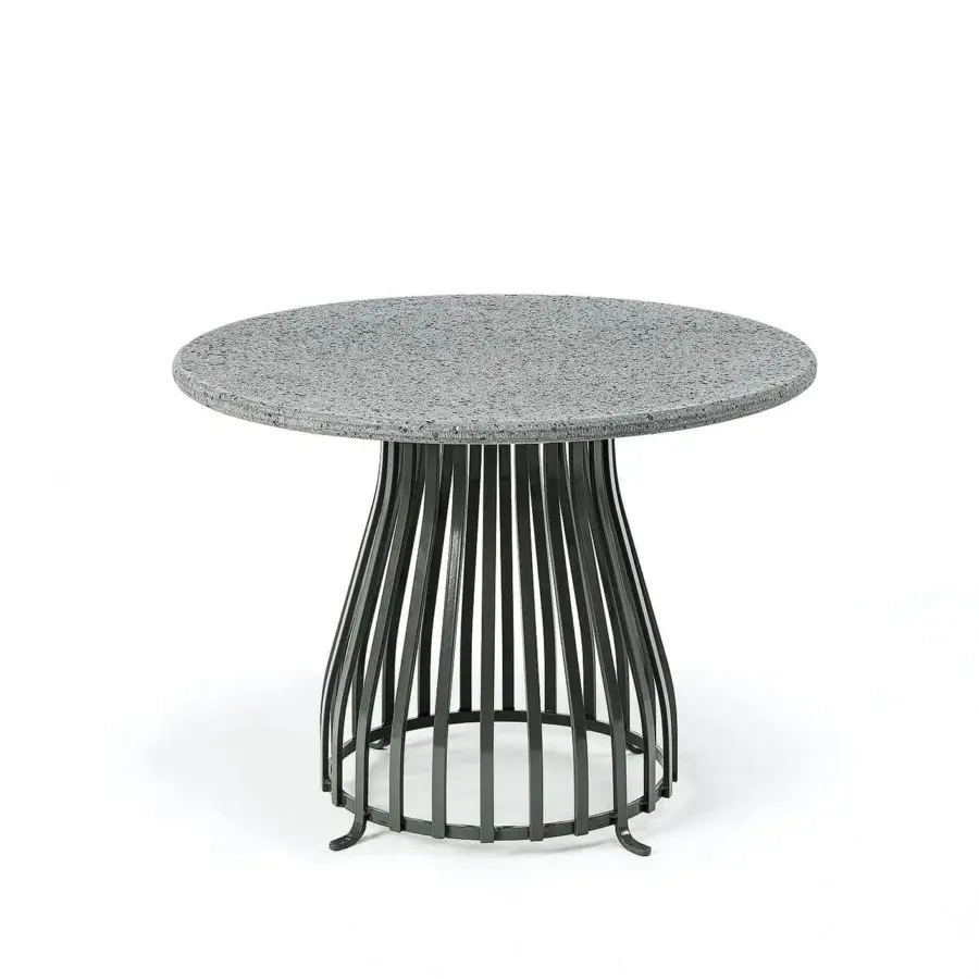 Distinguished Ethimo Venexia coffee table with a textured stone tabletop and curved dark gray aluminum slats crafted in Italy