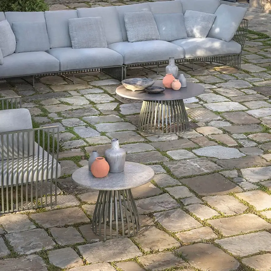 Distinguished Ethimo Venexia coffee table with dark gray aluminum slats and a matte stone tabletop crafted in Italy