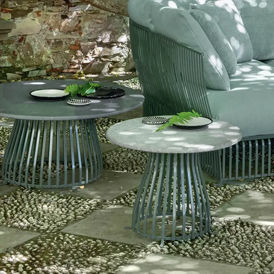 Harmonious Ethimo Venexia coffee table crafted with aluminum base and stone tabletop in a muted grey-green palette with matte finish