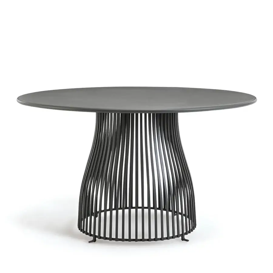 Distinguished Ethimo Venexia table crafted in Italy with matte black aluminum slats and smooth enamelled lava stone tabletop
