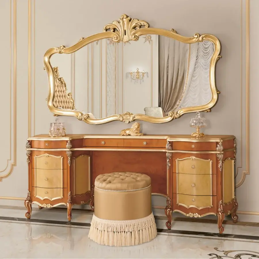 Exceptional Modenese Royal Blend round ottoman in warm beige textile with quilted detailing and elegant fringe trim