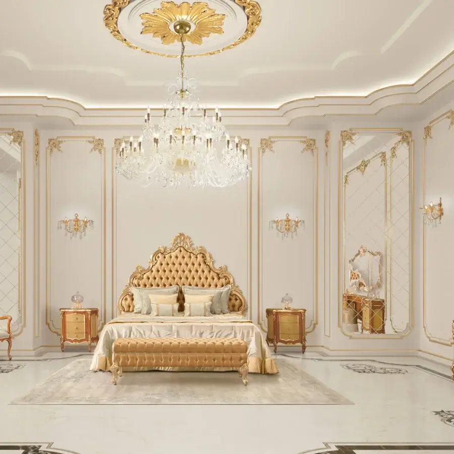 Distinguished Modenese Royal Blend round ottoman in light beige textile with glossy wood base and gold-toned accents