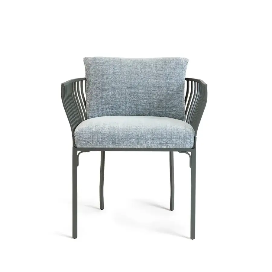 Elegant Ethimo Venexia armchair in muted blue-gray textile with a refined aluminum frame and gently curved metal armrests