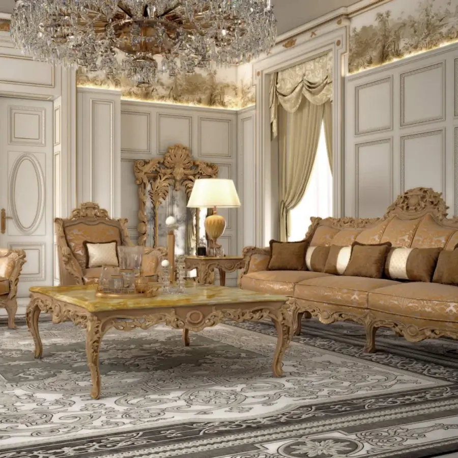 Exceptional Armando Rho A1363 coffee table crafted in light cherry wood with gold leaf accents and a refined marble top